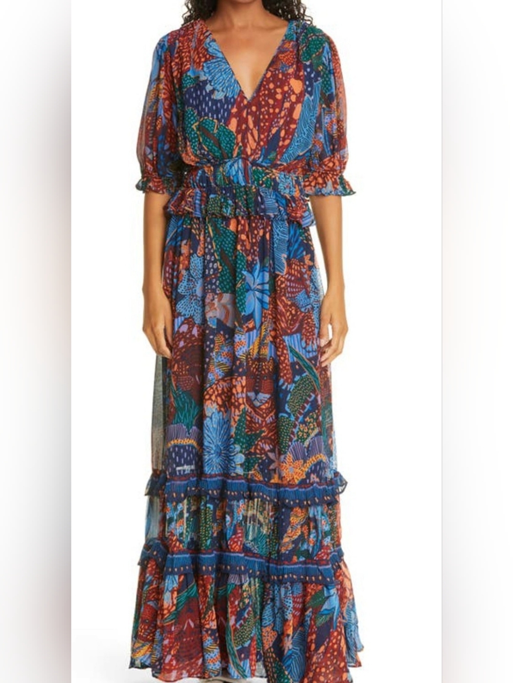 Farm Rio Blue Cool Leopard Ruffle Maxi Dress Size: M